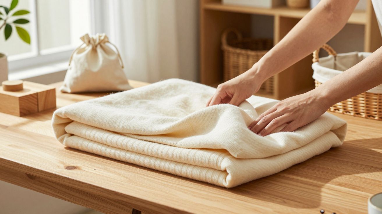 Manos doblando una manta beige sobre una mesa de madera, con cestas y una bolsa de tela al fondo.