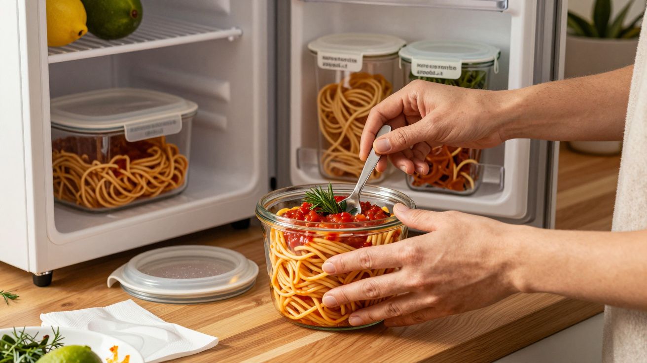 Manos guardando espaguetis en frascos de vidrio dentro de un frigorífico sobre una encimera de madera.