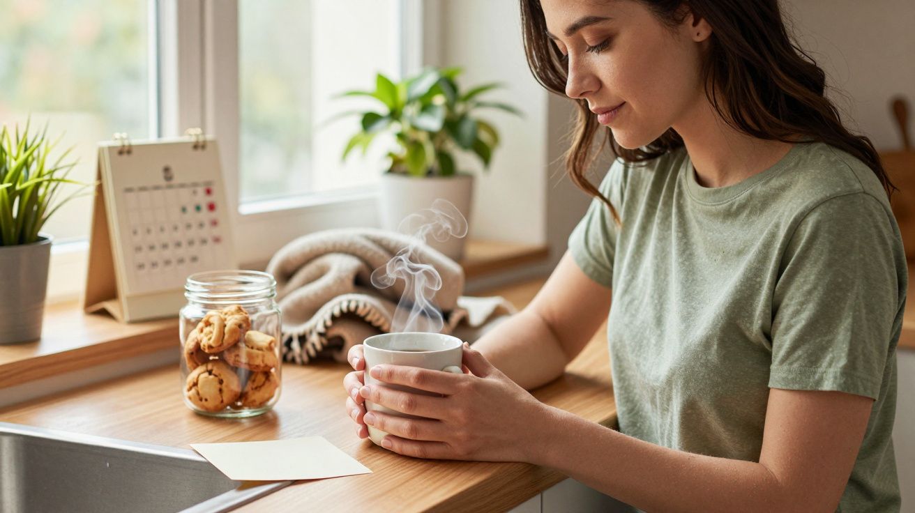 Mujer sosteniendo una taza de café humeante al lado de una ventana con plantas y galletas.