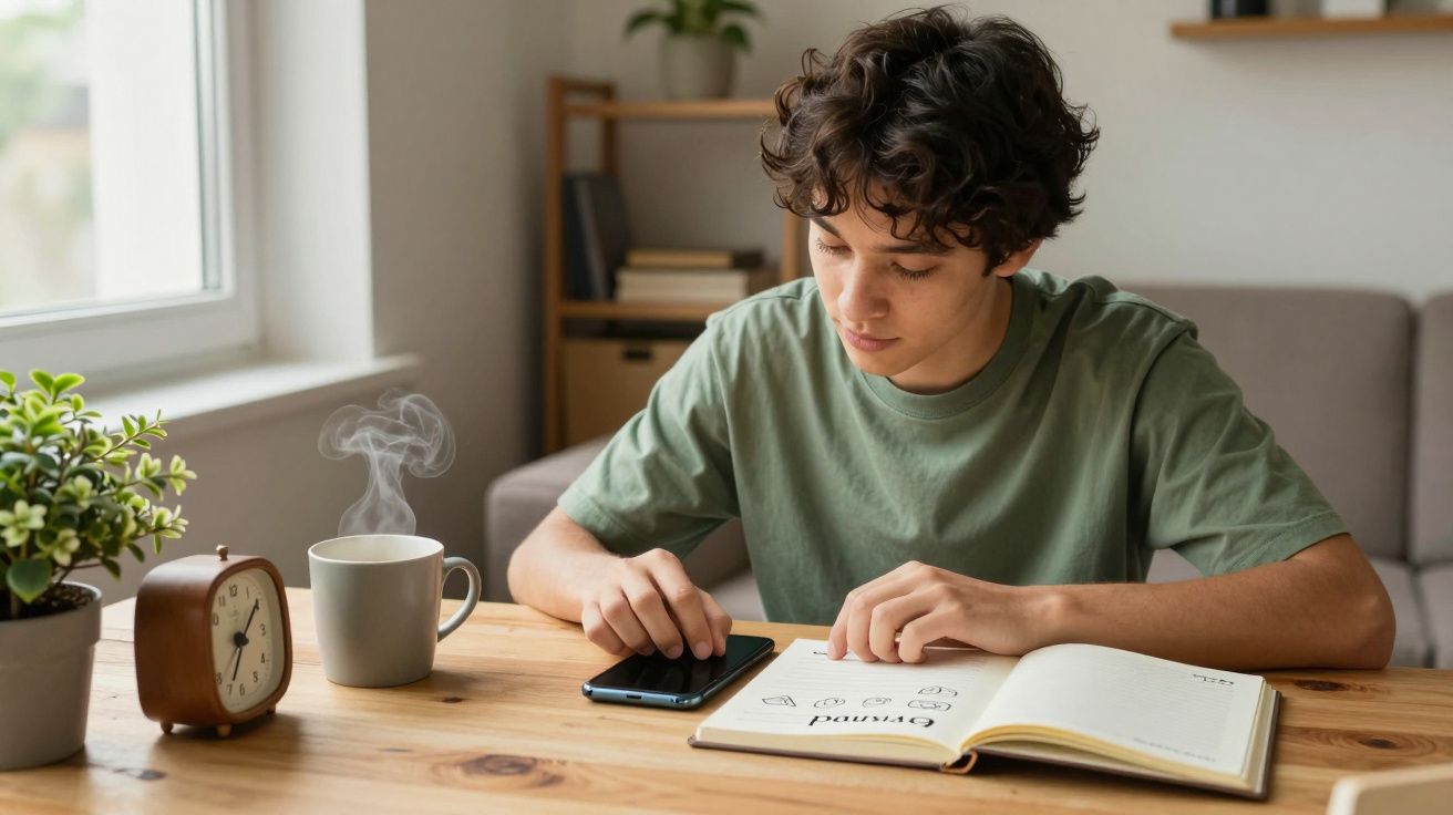 Joven estudiando en una mesa con un libro abierto, móvil y café. Reloj y planta al fondo.