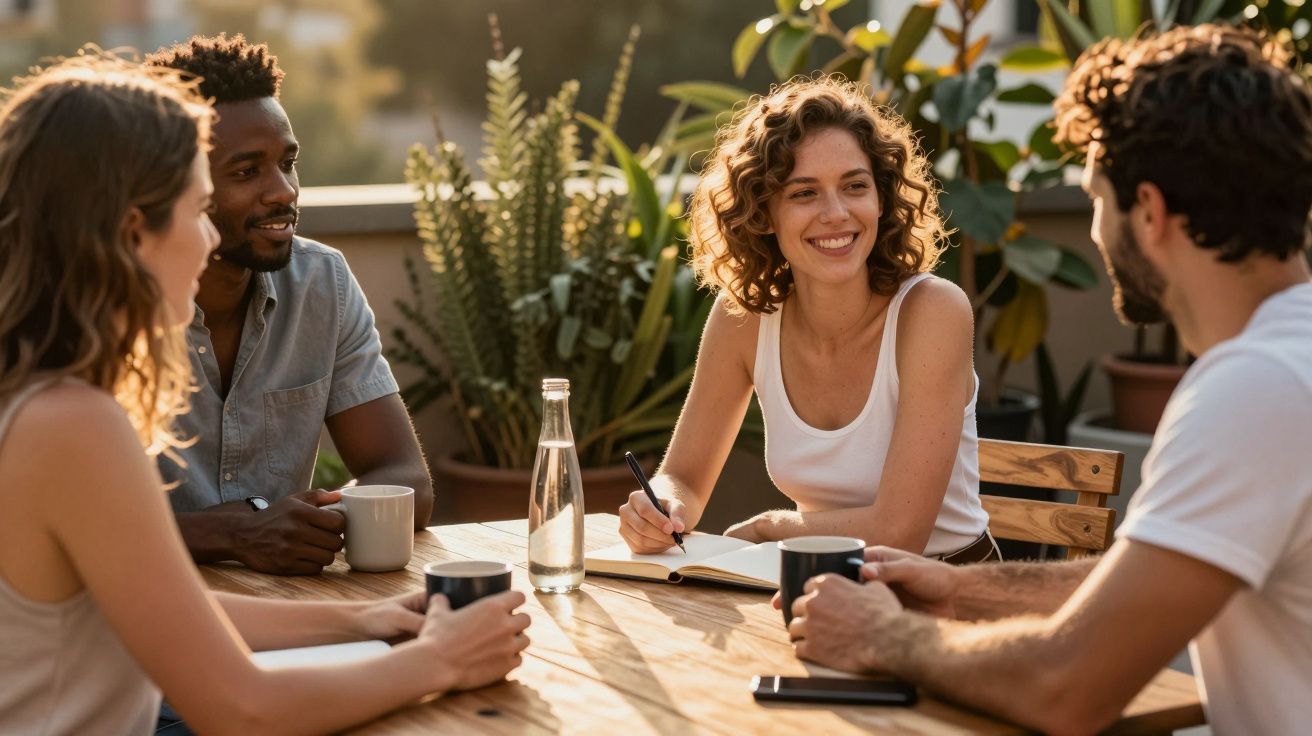 Un grupo de cuatro personas sonríe y conversa en una terraza, tomando café y tomando notas.