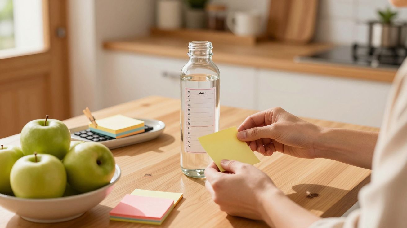 Manos sostienen notas en una mesa de cocina con manzanas, una botella de cristal, calculadora y libretas.