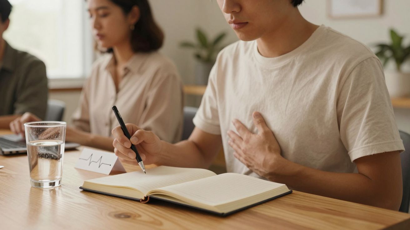 Persona escribiendo en un cuaderno, con la mano en el pecho. Hay un vaso de agua en la mesa y otra persona al fondo.