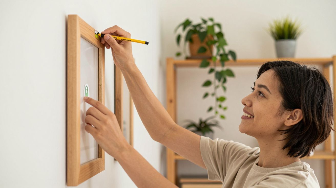 Mujer colgando un cuadro en la pared con un lápiz en la mano, estantería y plantas al fondo.