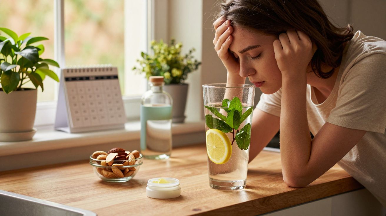 Mujer con dolor de cabeza en la cocina, vaso de agua con limón y plantas en el fondo.
