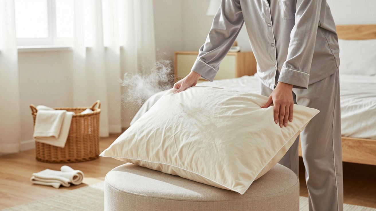 Persona en pijama sacudiendo una almohada sobre un taburete en una habitación luminosa con cesto y toallas.