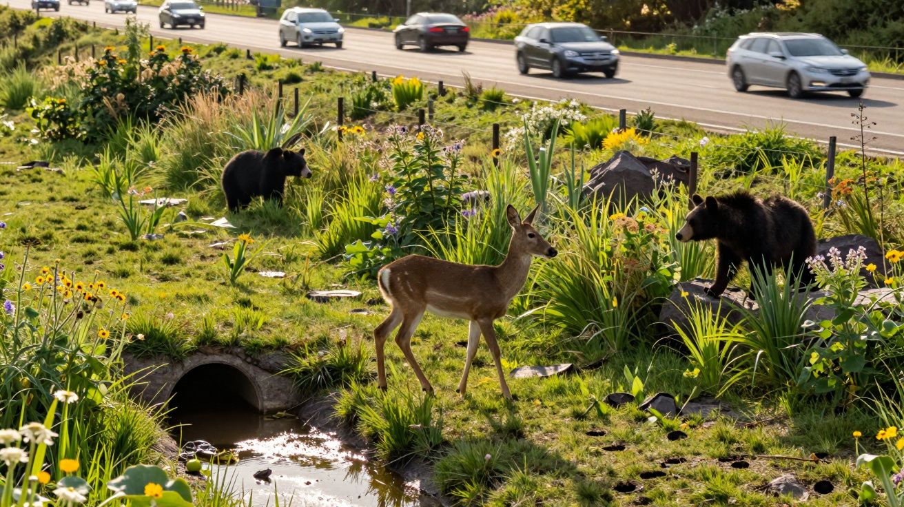 Ciervo y dos osos en un parque junto a una carretera con coches en circulación.