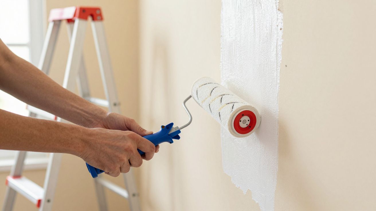 Persona pintando una pared de blanco con un rodillo; escalera de fondo.