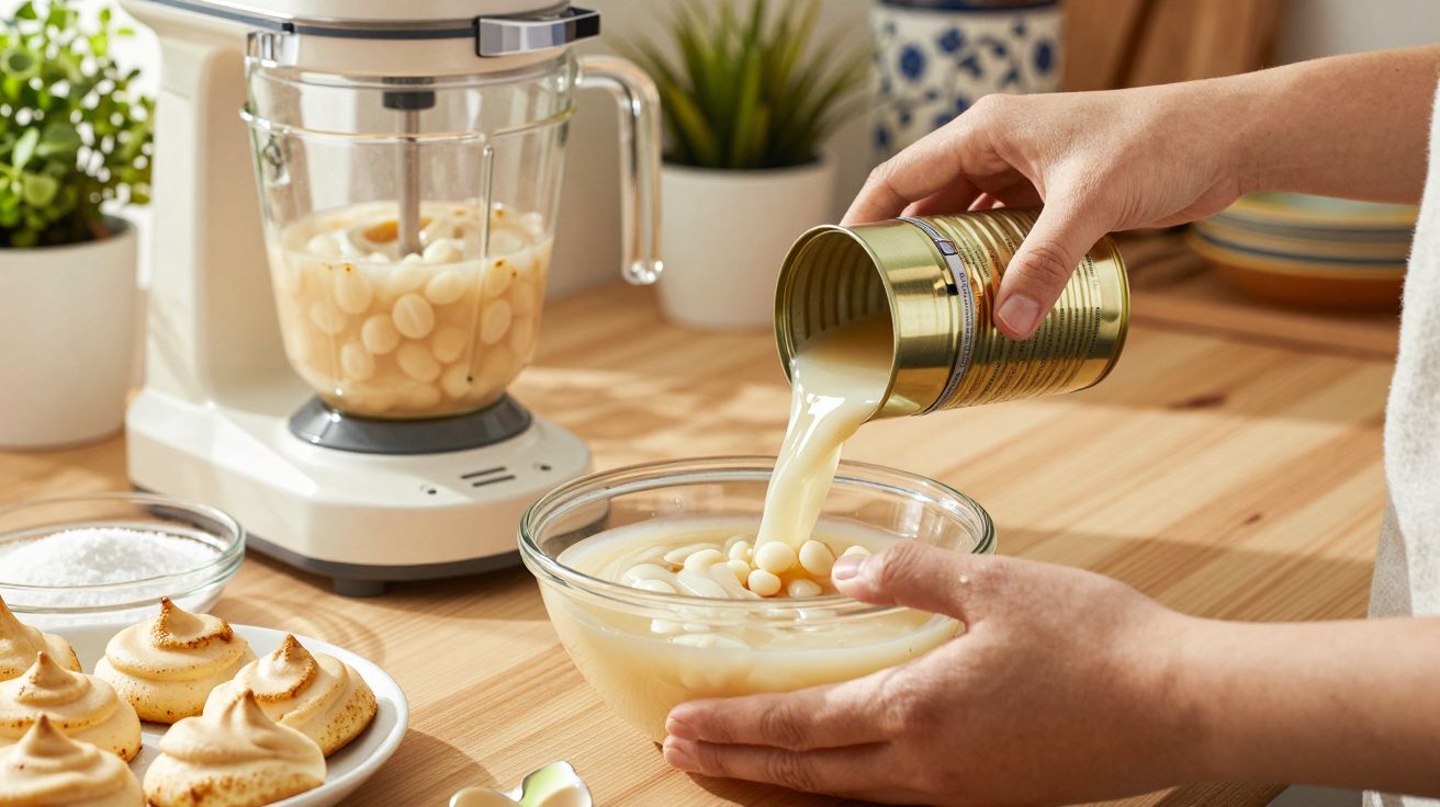 Manos vertiendo leche condensada en un bol con bolitas blancas en una cocina con batidora y dulces al fondo.