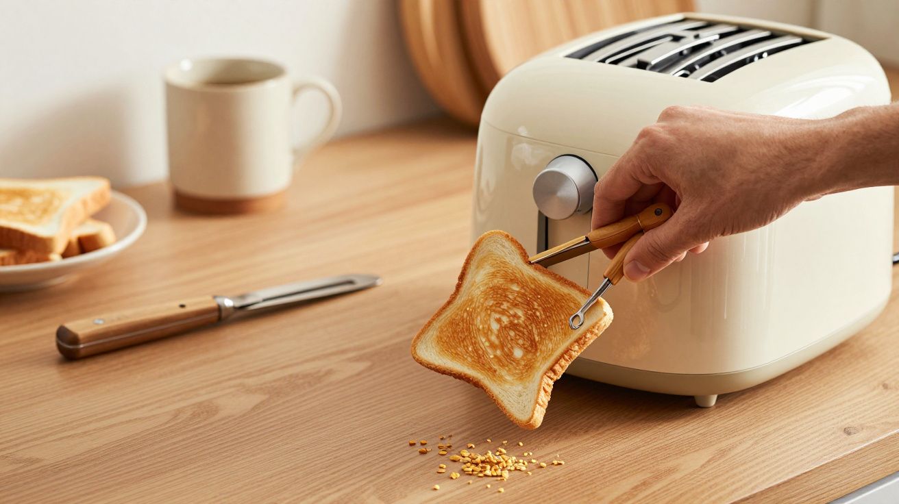 Persona sacando una tostada de una tostadora retro en una cocina con encimera de madera.