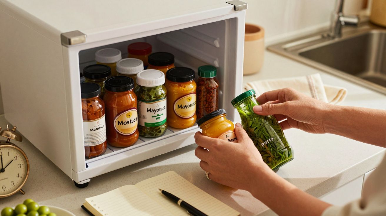 Manos organizando tarros de salsas y condimentos en una pequeña nevera sobre una encimera de cocina.