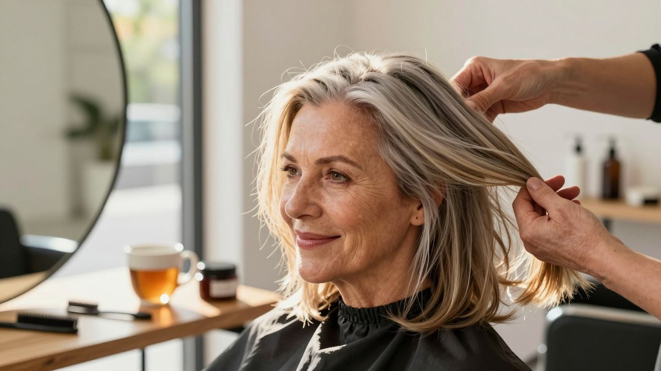 Mujer de mediana edad en peluquería, sonríe mientras estilista arregla su cabello gris.