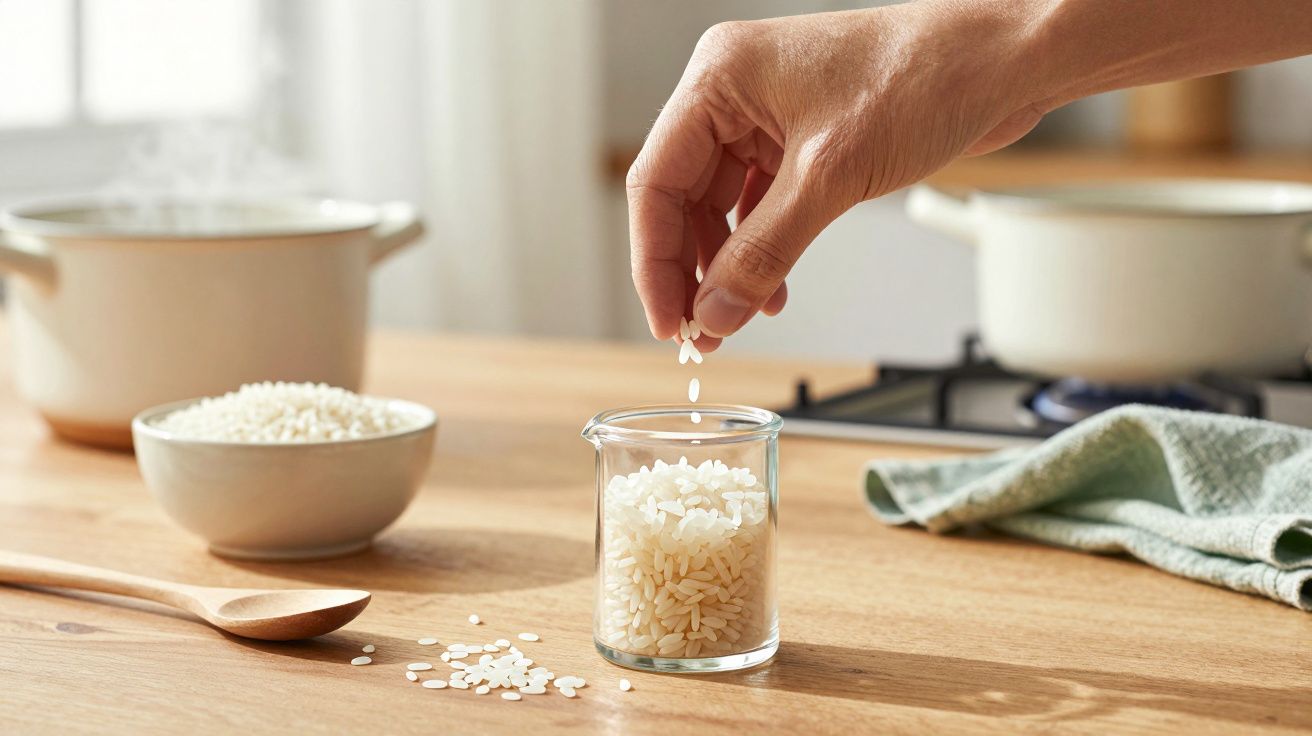 Una mano agrega arroz a un tarro en una cocina, con ollas de fondo y una cuchara de madera sobre la mesa.