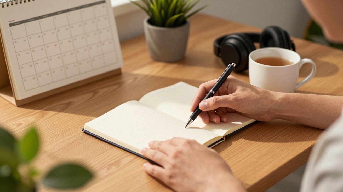 Persona escribiendo en un cuaderno en un escritorio con calendario, planta, auriculares y taza de café.