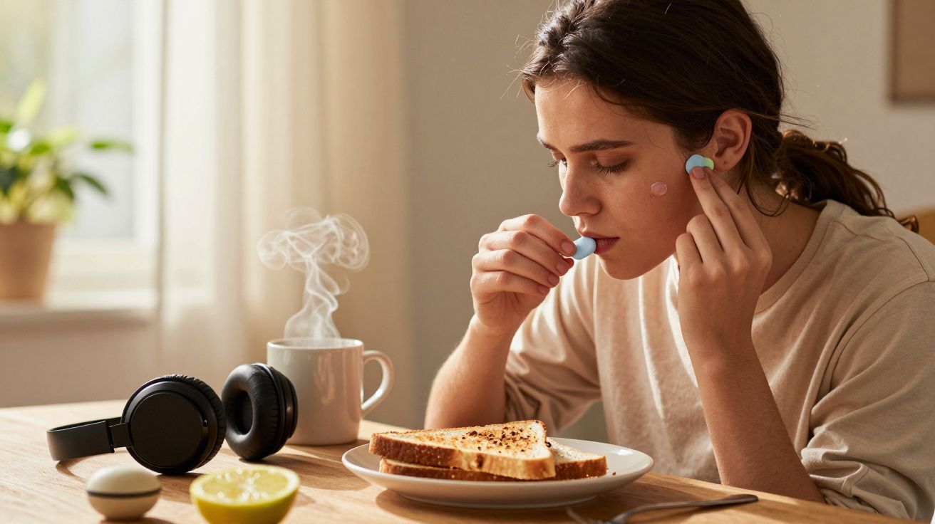 Mujer desayunando tostada y té caliente, con auriculares sobre la mesa; se aplica parches faciales de colores.