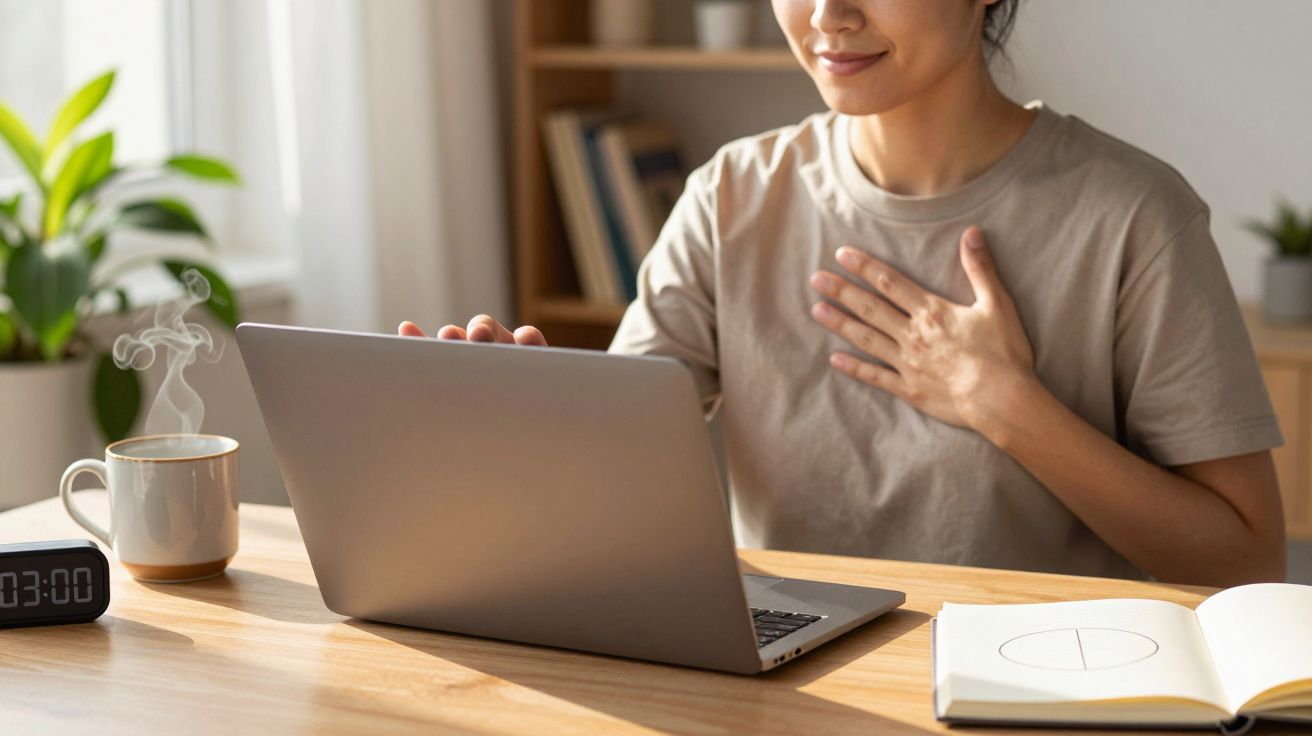 Mujer sentada frente a un portátil, sonriendo y tocándose el pecho, taza humeante y cuaderno sobre la mesa.
