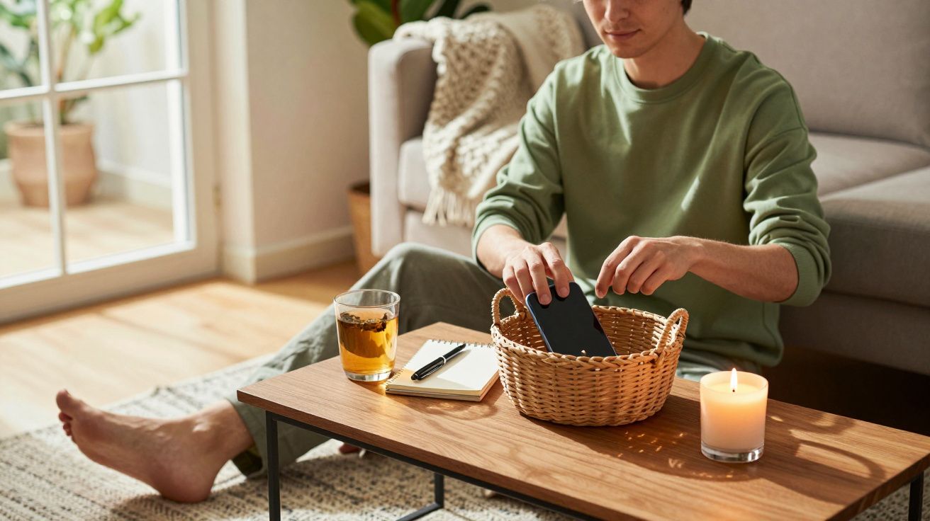 Persona coloca un móvil en una cesta sobre una mesa con bebida, libreta, bolígrafo y vela encendida.
