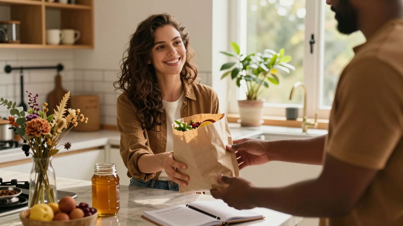 Mujer sonriendo pasando una bolsa de papel con vegetales a un hombre en una cocina luminosa.