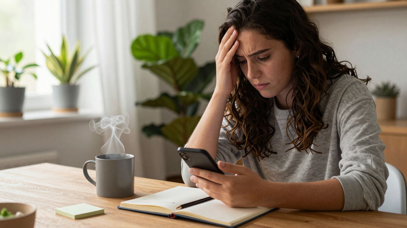 Mujer preocupada mirando su móvil en una mesa de trabajo con cuaderno y taza humeante, rodeada de plantas.