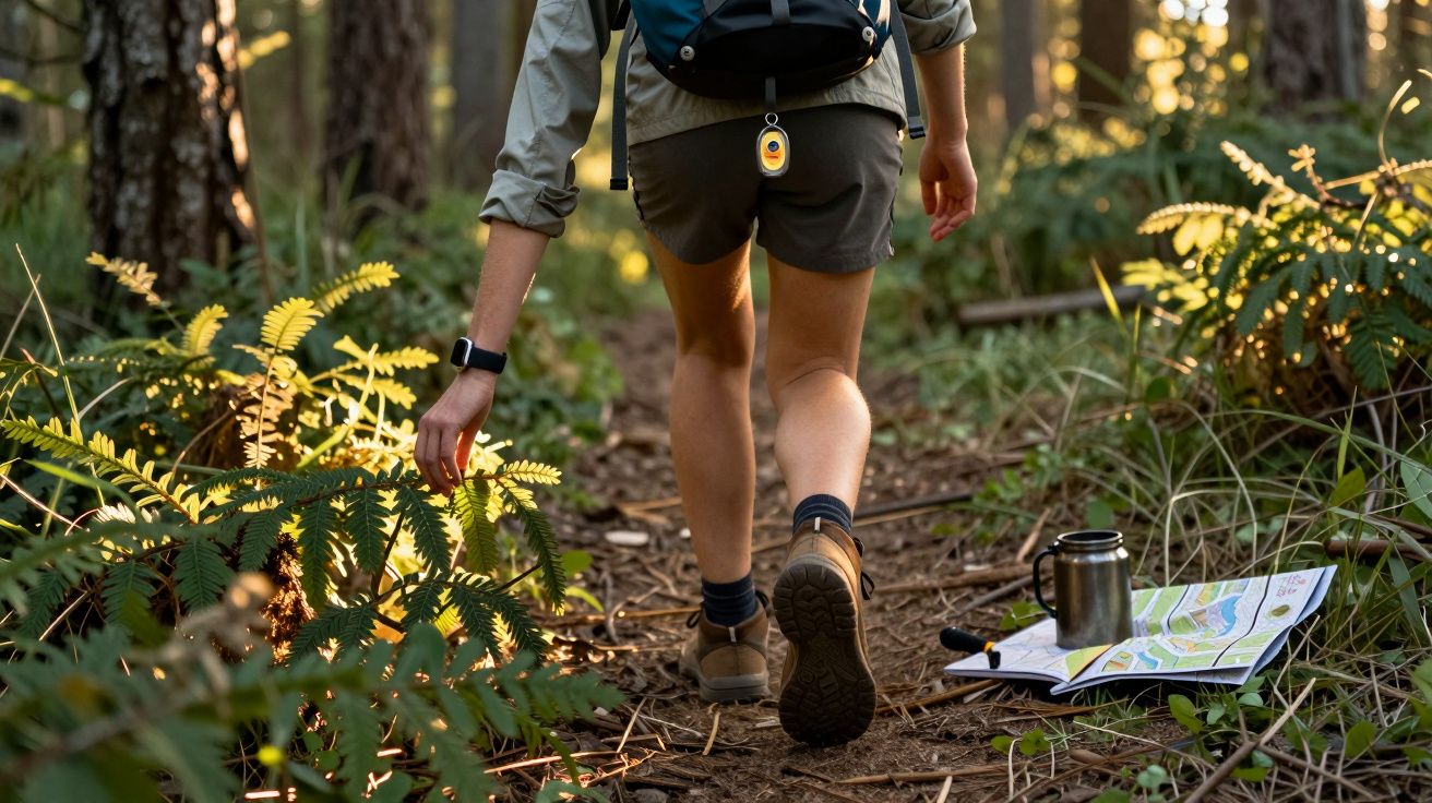 Persona caminando por un bosque, llevando mochila y mapa en el suelo junto a una taza metálica.