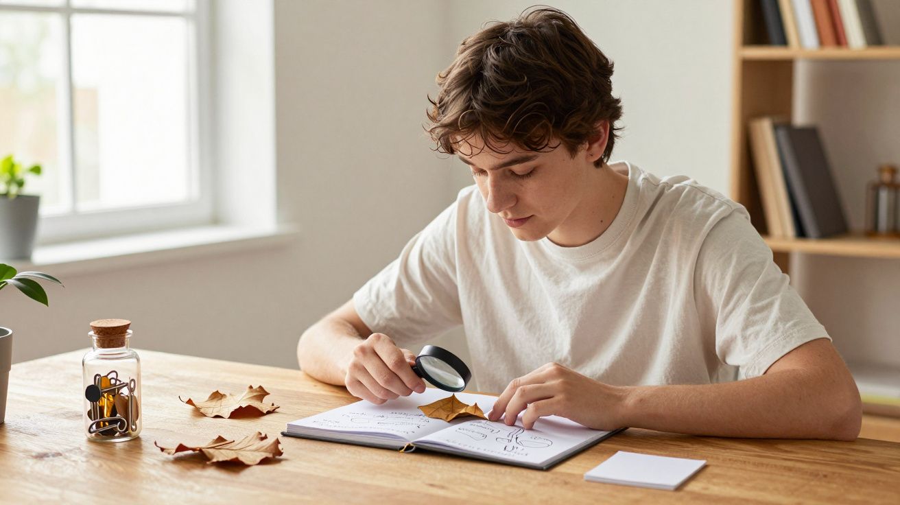 Joven estudiando hojas secas en un cuaderno con una lupa en una mesa de madera. Frasco con hojas al lado.