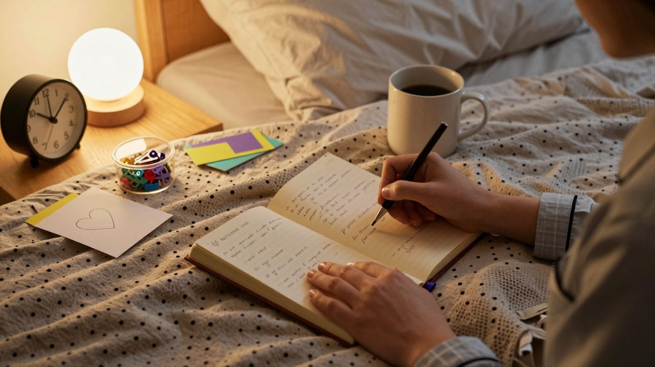 Persona escribiendo en un cuaderno sobre una cama, con una taza de café y una lámpara de noche encendida al lado.