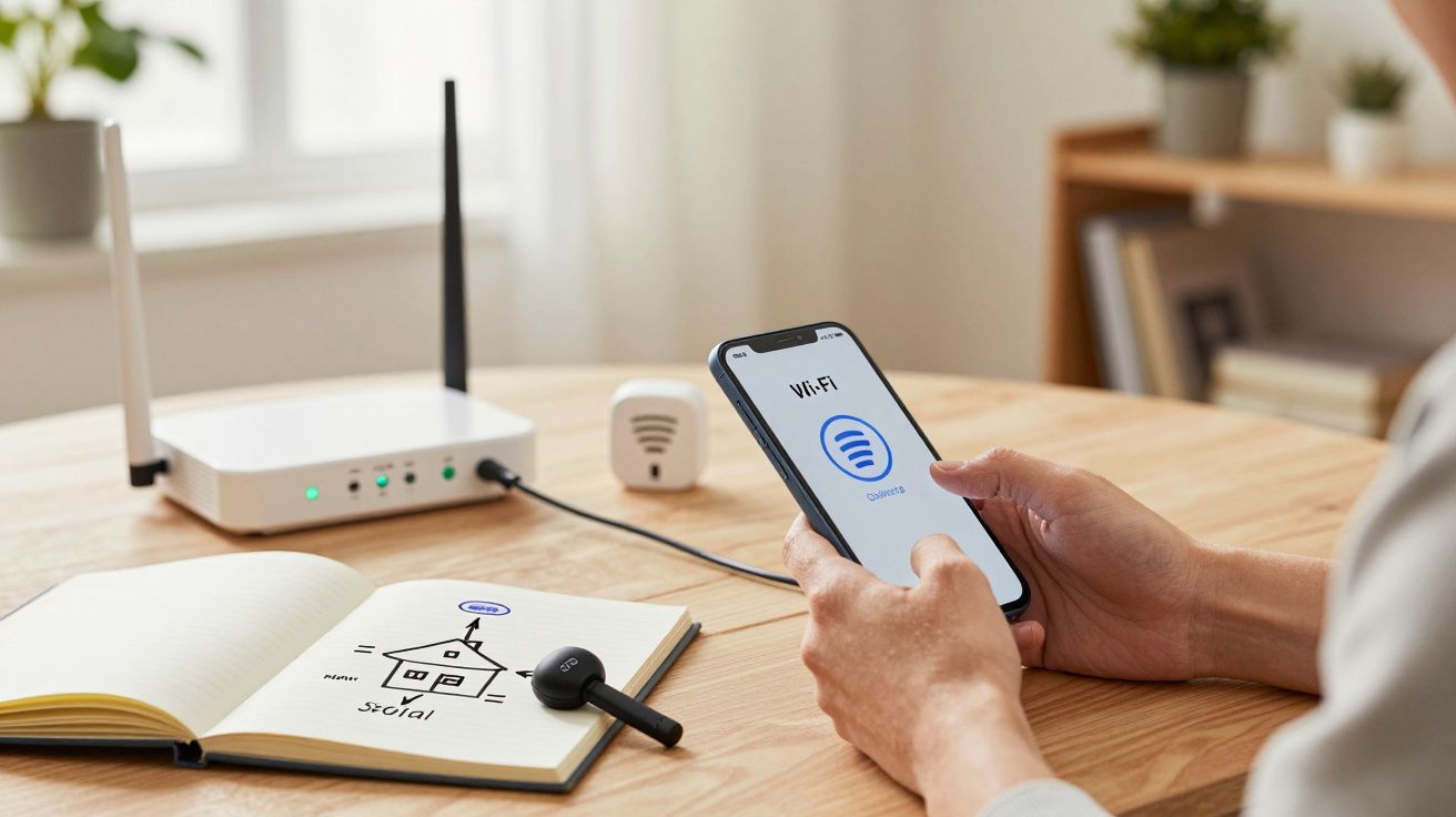 Persona conectando un móvil a Wi-Fi junto a un router en una mesa con cuaderno y dispositivo de streaming.