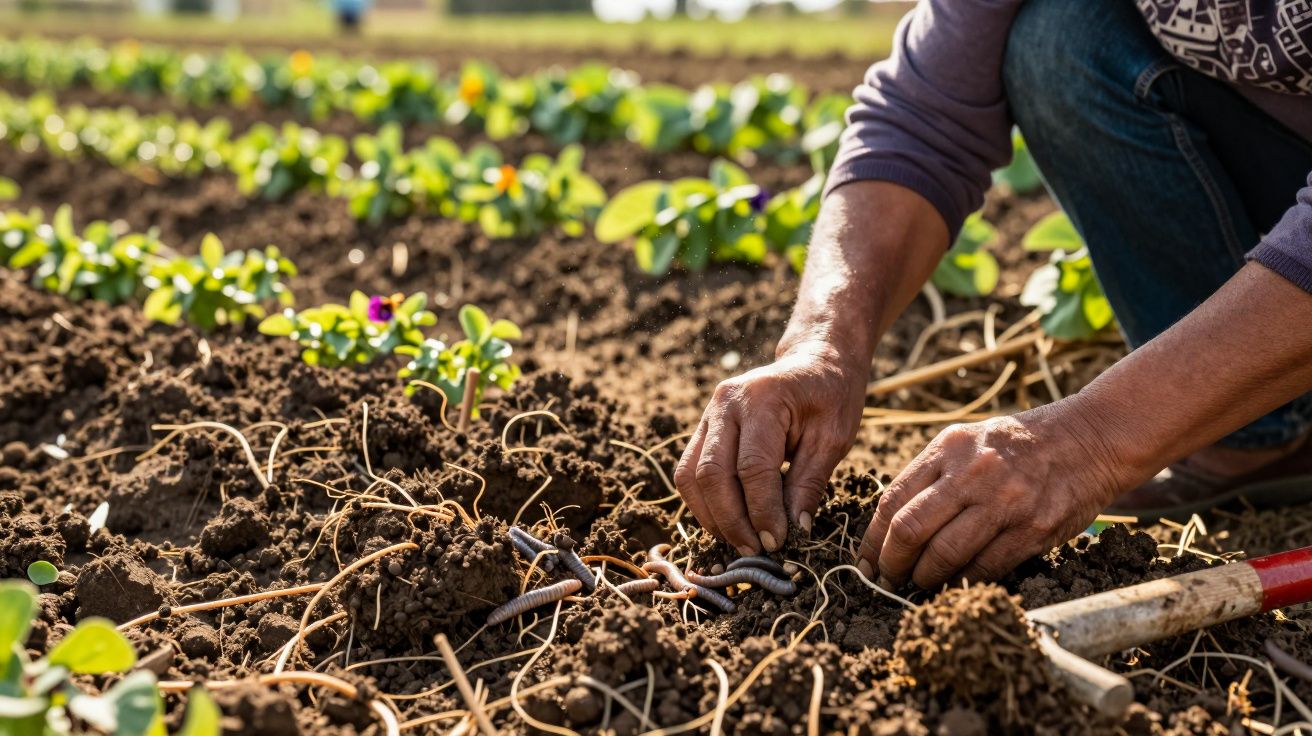 Manos trabajando la tierra en un campo agrícola con plantas de fondo.