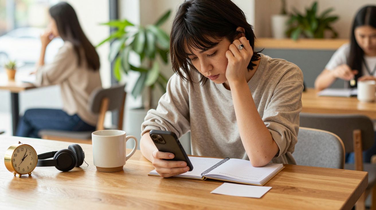 Mujer joven sentada en una cafetería, mirando su móvil con una libreta abierta y una taza de café en la mesa.