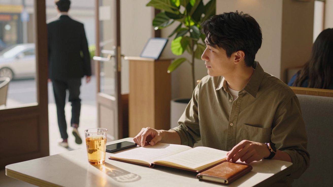 Hombre sentado en cafetería con libro abierto y vaso de bebida, mirando hacia la puerta mientras otro hombre sale.