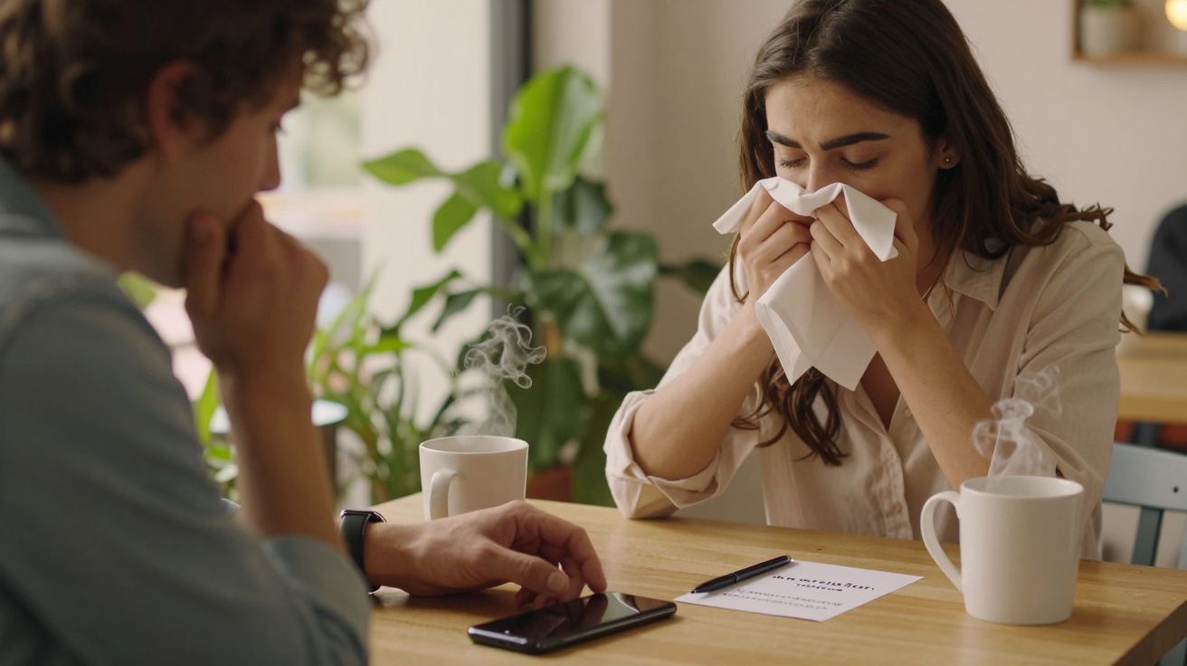 Mujer se suena la nariz con un pañuelo en una cafetería, mientras un hombre consulta su móvil. Dos tazas y plantas cercanas.