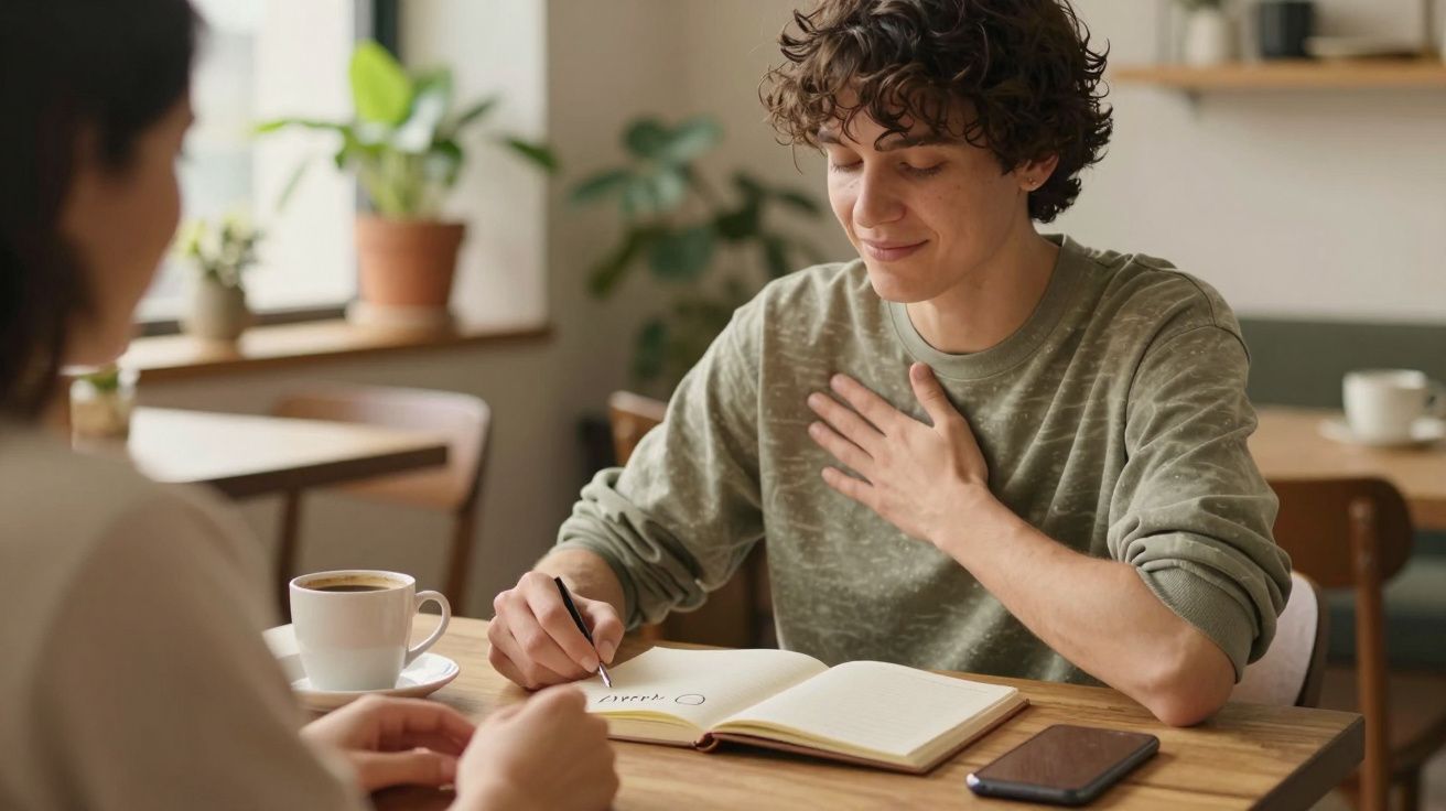 Persona escribiendo en una libreta en una cafetería, con taza de café y móvil sobre la mesa. Planta al fondo.