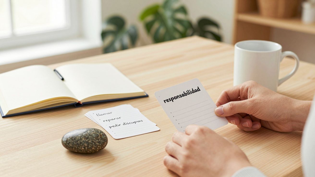 Persona sosteniendo una tarjeta con la palabra "responsabilidad" en una mesa con cuaderno, piedra y taza.