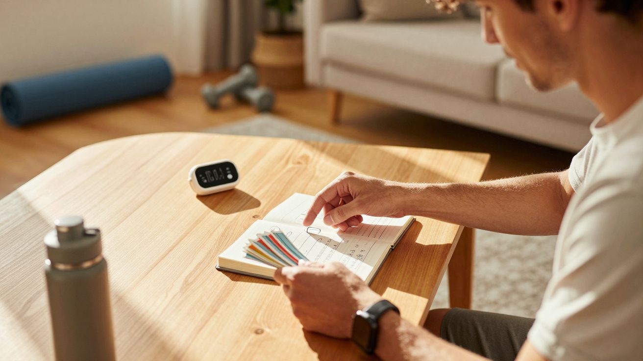 Hombre sentado en mesa de madera, revisando un calendario con bolígrafo en mano, junto a una botella y reloj sobre la mesa.