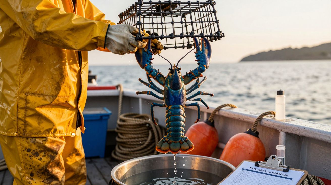 Pescador en barco levantando langosta azul de una trampa sobre un cubo, con el mar y equipo de pesca de fondo.