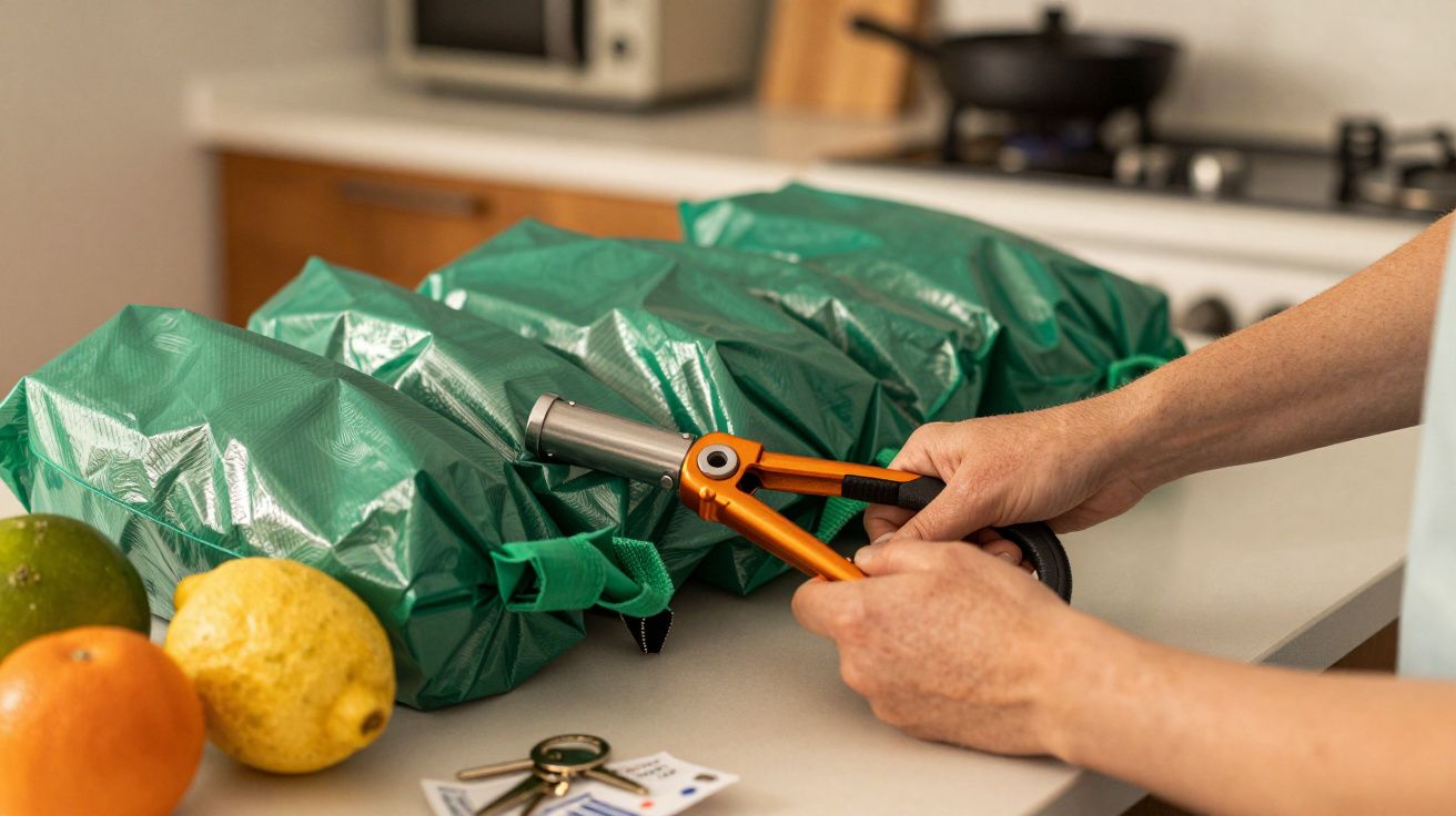 Persona sellando bolsas verdes en una cocina con una herramienta de sellado, junto a llaves y frutas sobre la encimera.