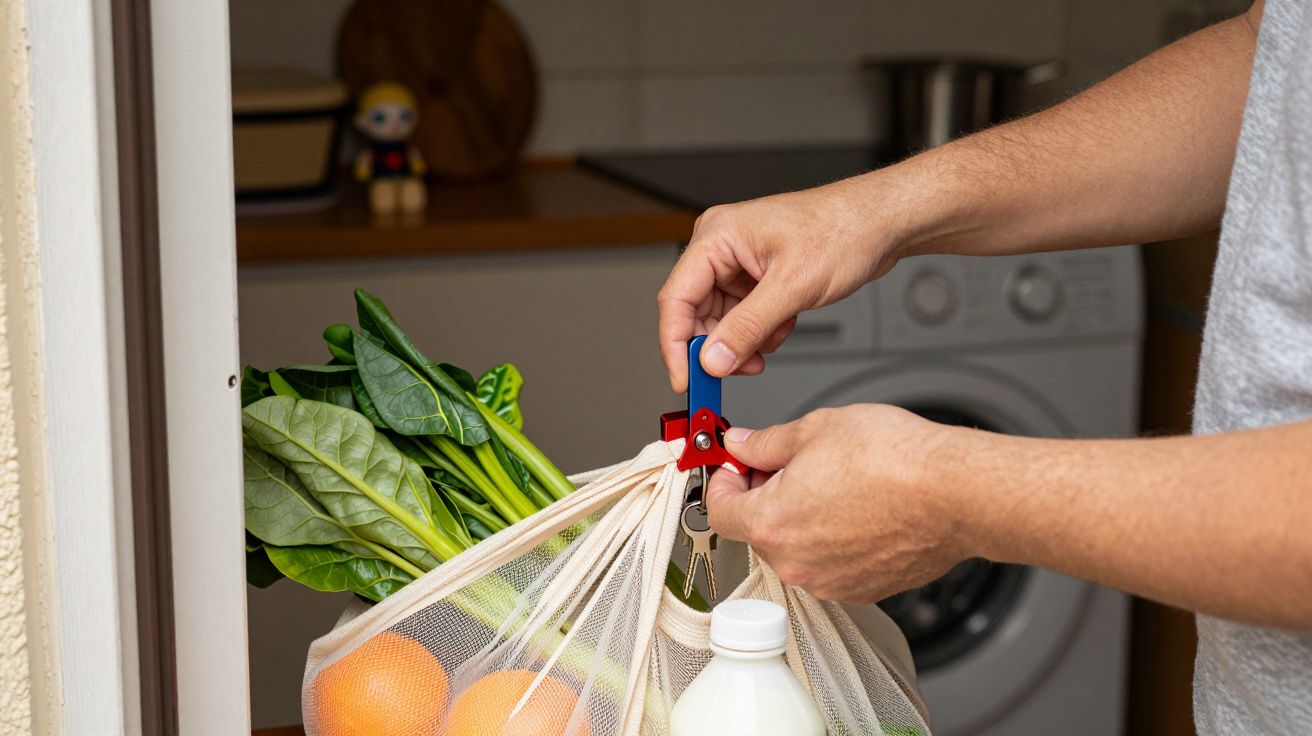 Manos sosteniendo bolsa de malla con naranjas, espinacas y leche, usando llave para abrir puerta.