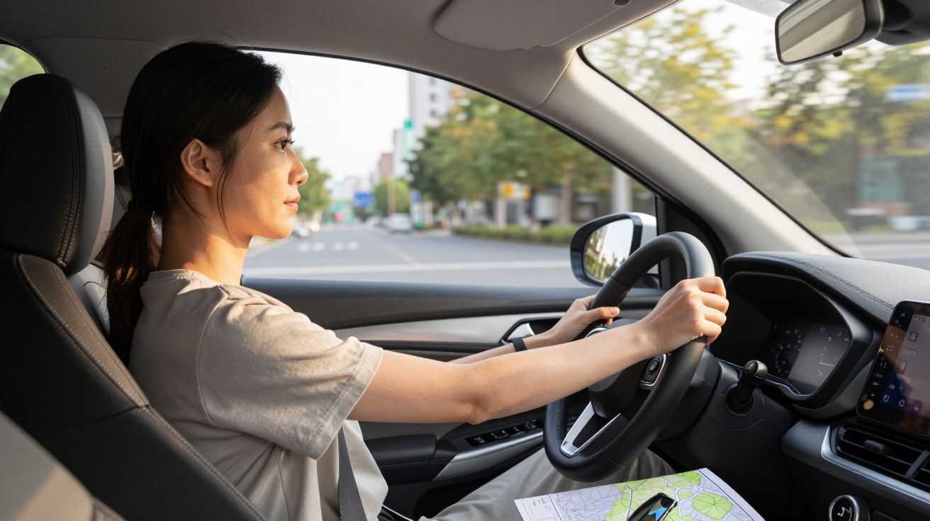 Mujer conduciendo un coche en una calle urbana con un mapa en el regazo, enfocada en el camino.