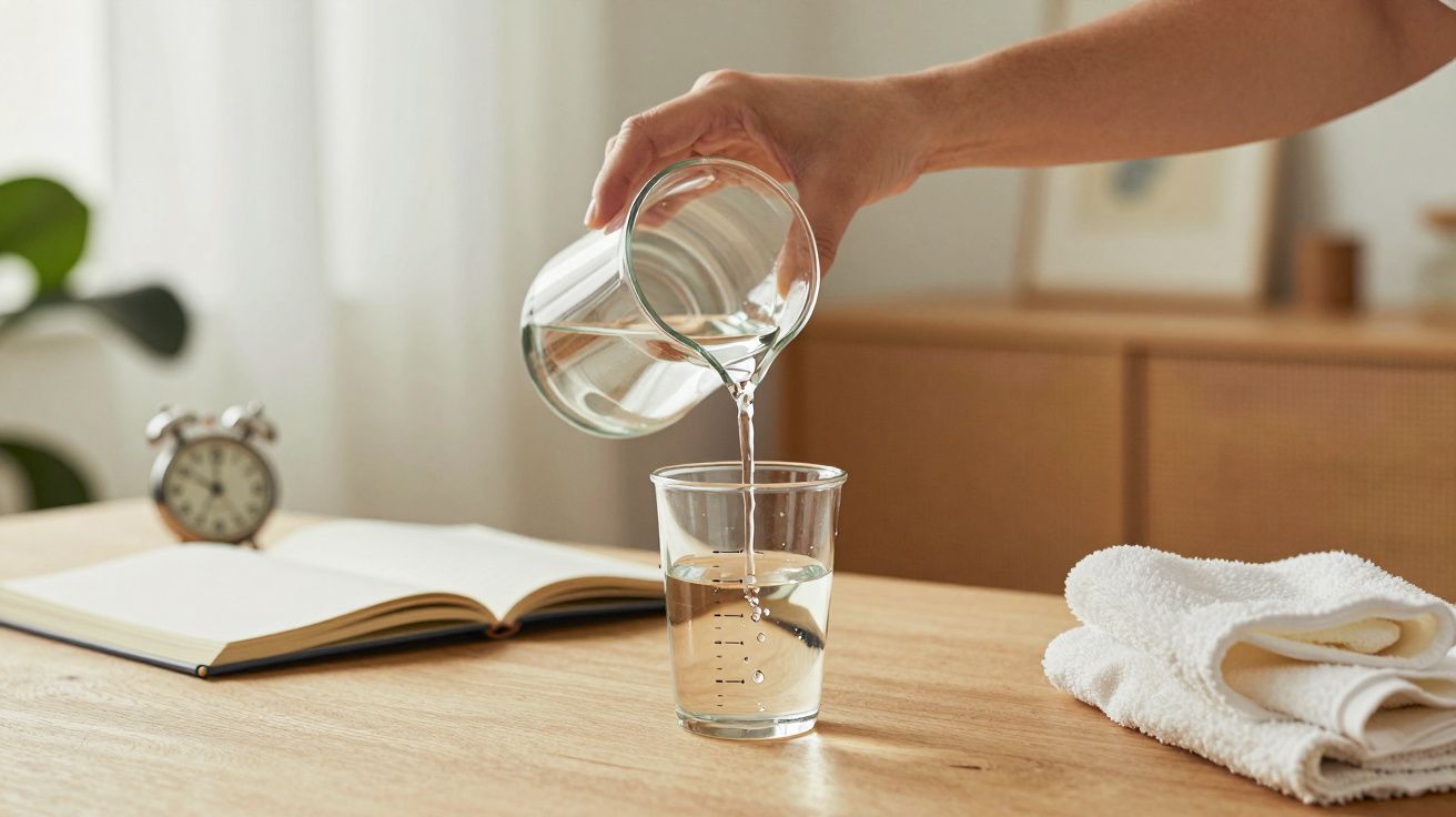 Mano sirviendo agua en un vaso sobre una mesa con libro, reloj despertador y toallas en el fondo.